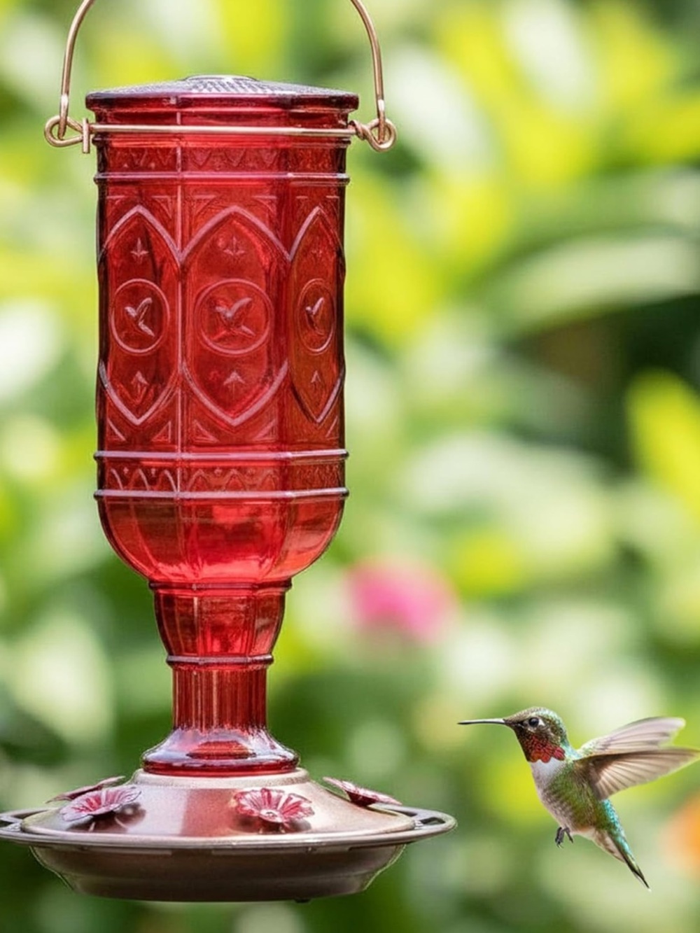 MORE BIRDS 76” Jewel Glass Hummingbird Feeder in Red (20oz)